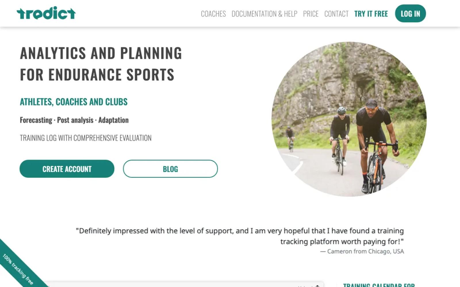 The Tredict home page, a training platform for endurance athletes.