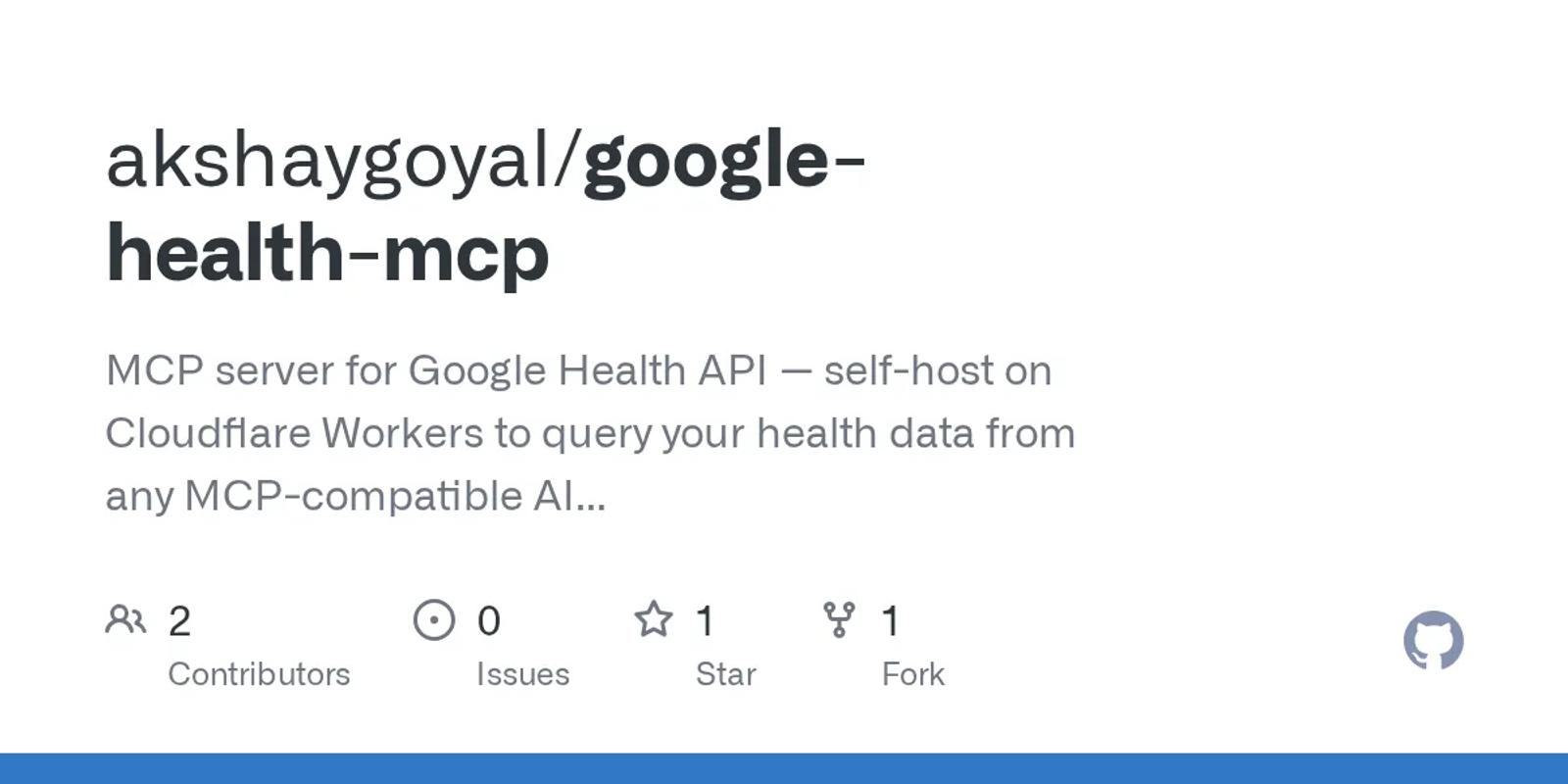 The GitHub card for akshaygoyal/google-health-mcp.