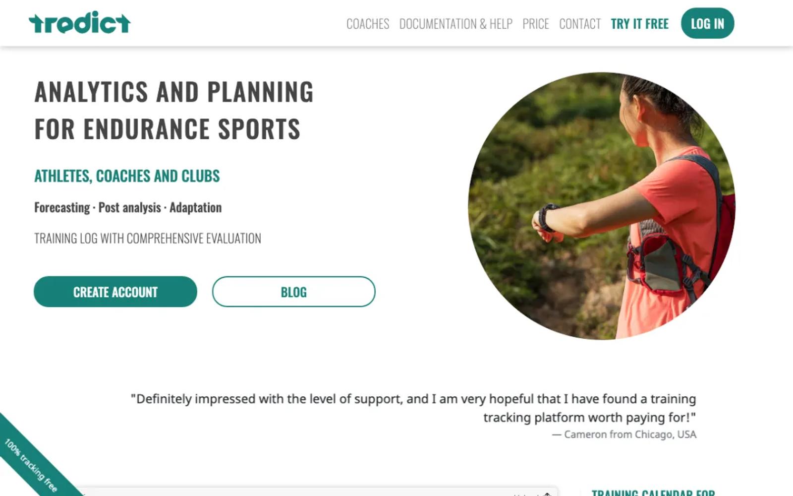 The Tredict home page, a training platform for endurance athletes.