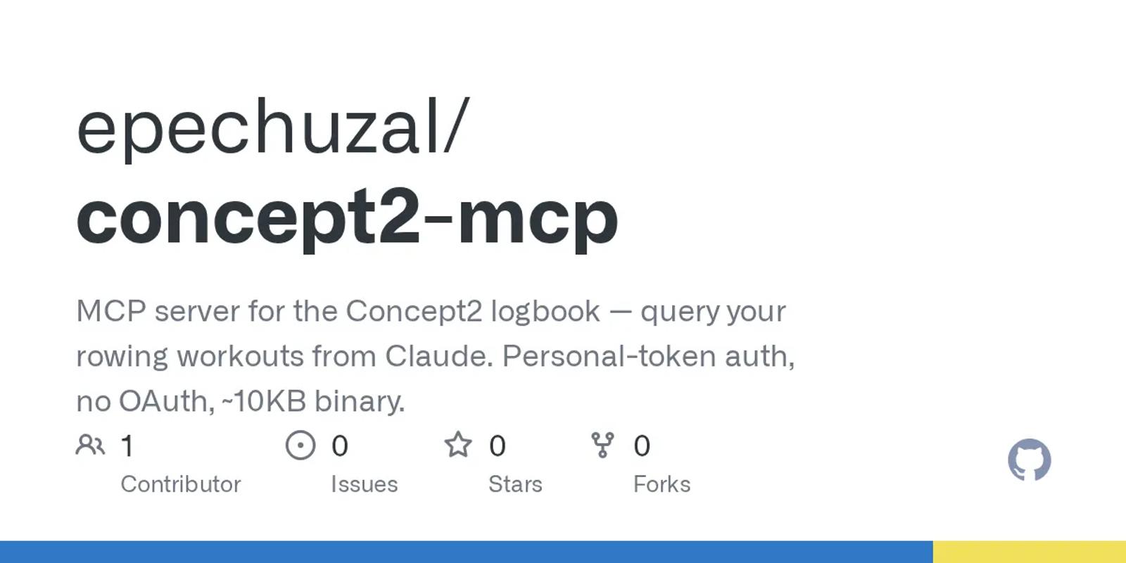The GitHub card for epechuzal/concept2-mcp.