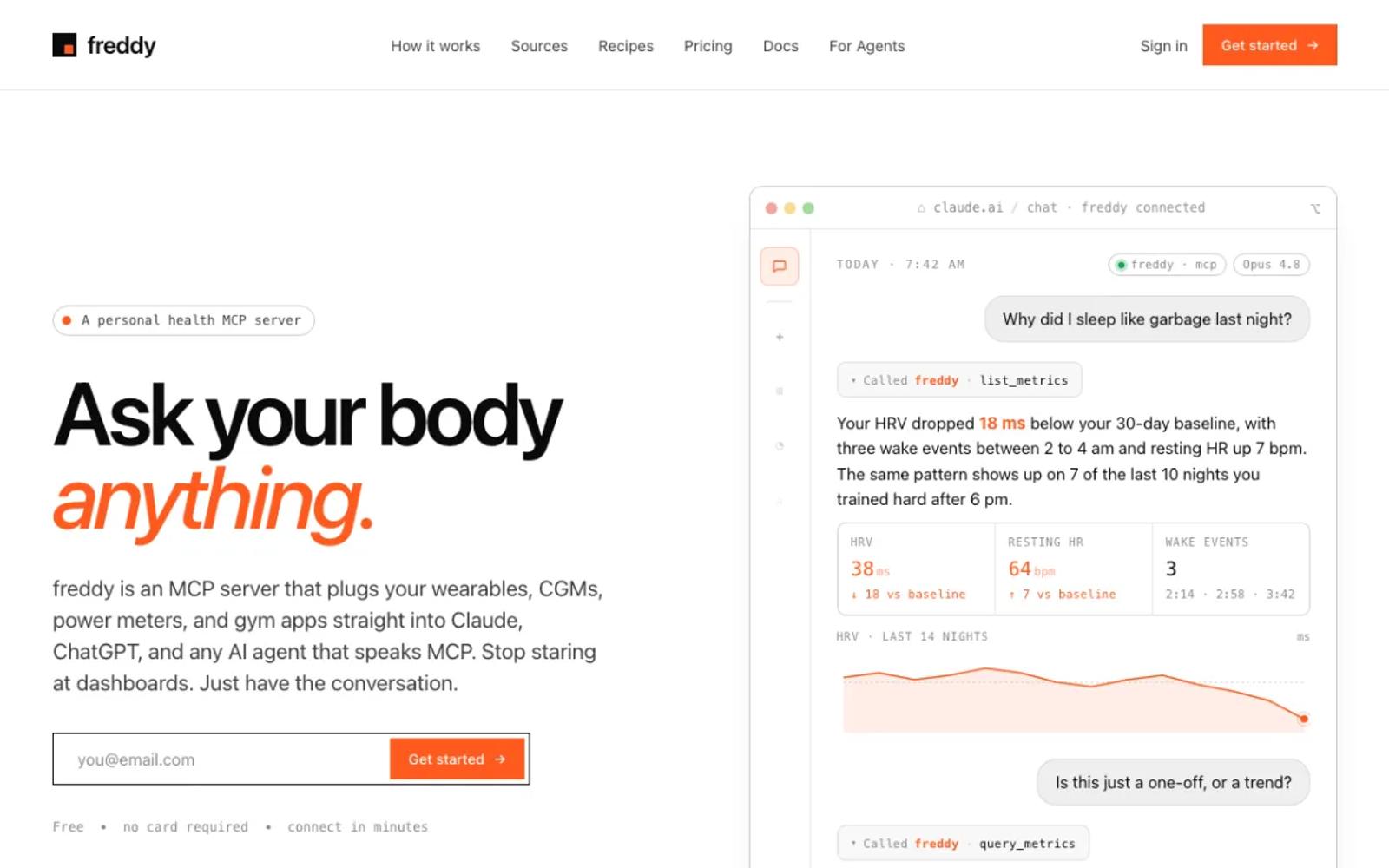 The freddy home page: your health data, connected to your AI.