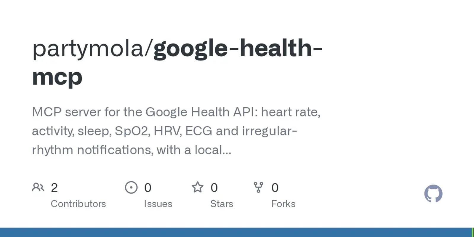 The GitHub card for partymola/google-health-mcp.