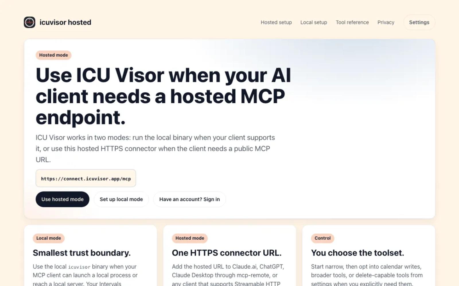 The icuvisor hosted connector page.