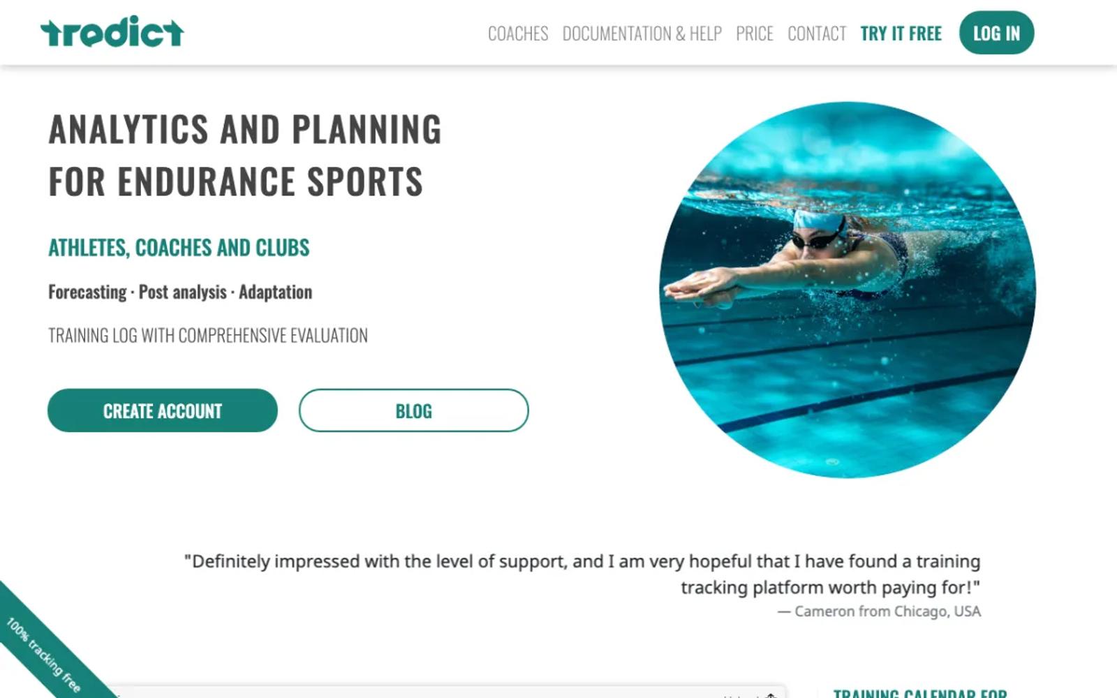 The Tredict home page, a training platform for endurance athletes.