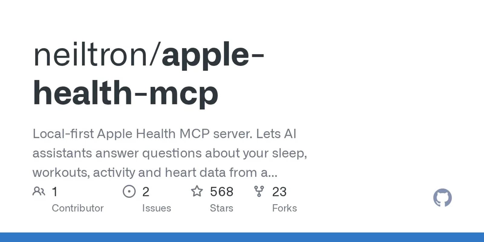 The GitHub card for neiltron/apple-health-mcp.