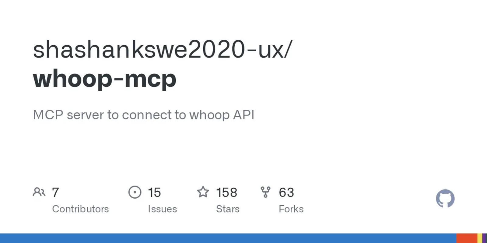 The GitHub card for shashankswe2020-ux/whoop-mcp.