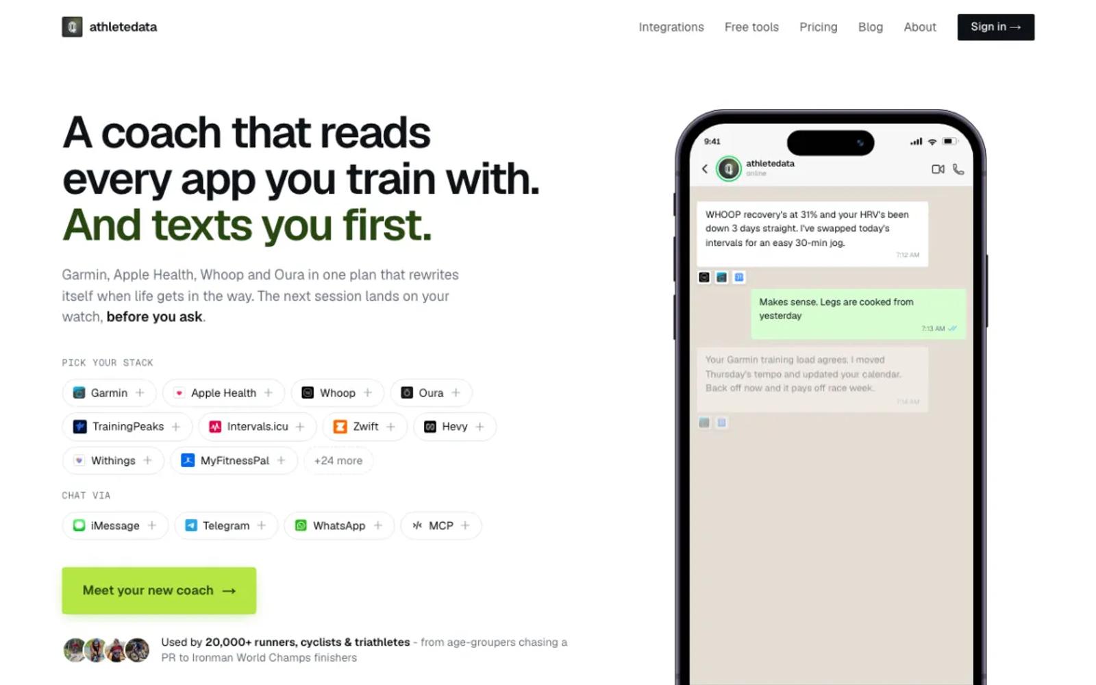 The AthleteData home page, an AI coach that reads your training apps.