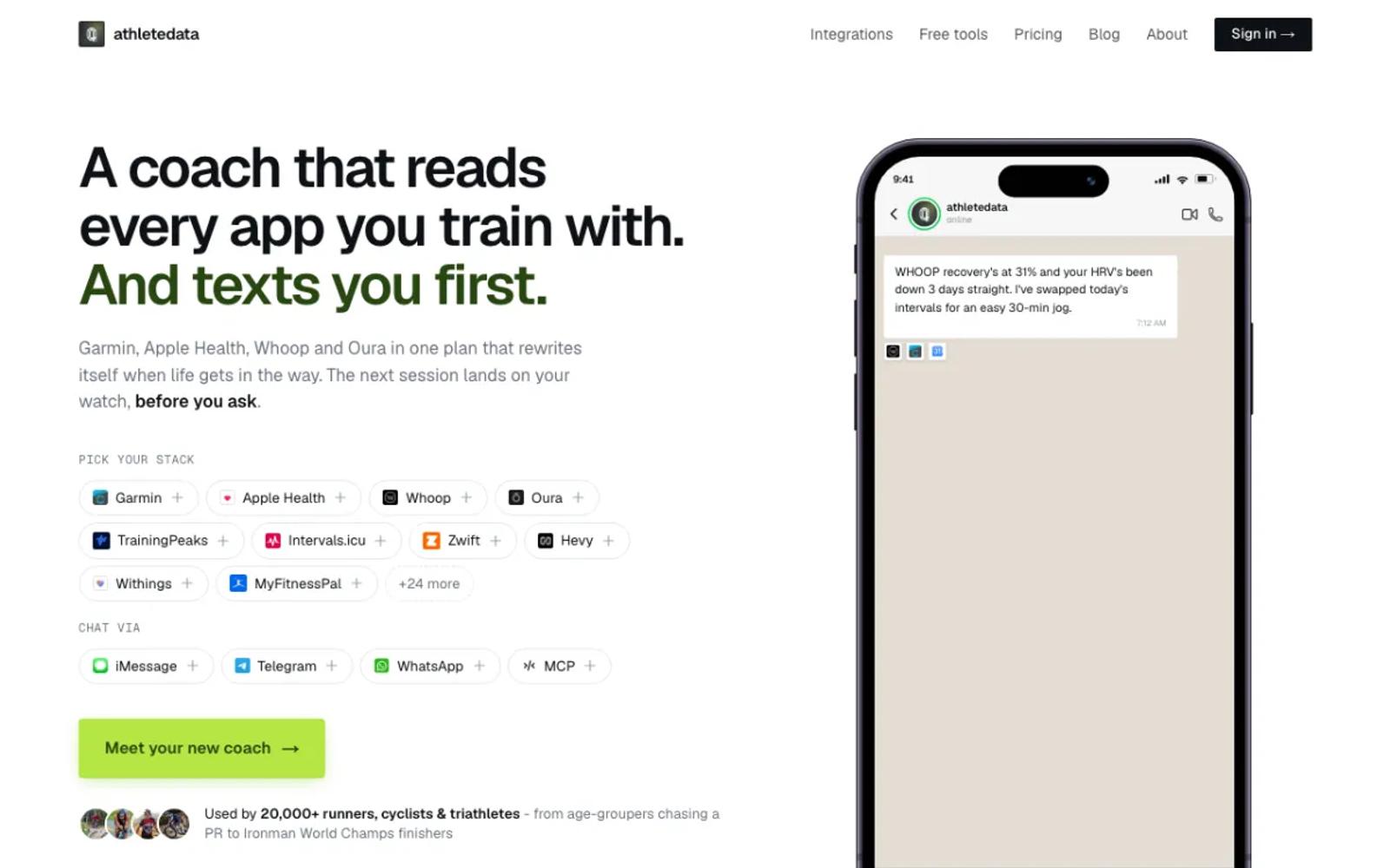 The AthleteData home page, an AI coach that reads your training apps.