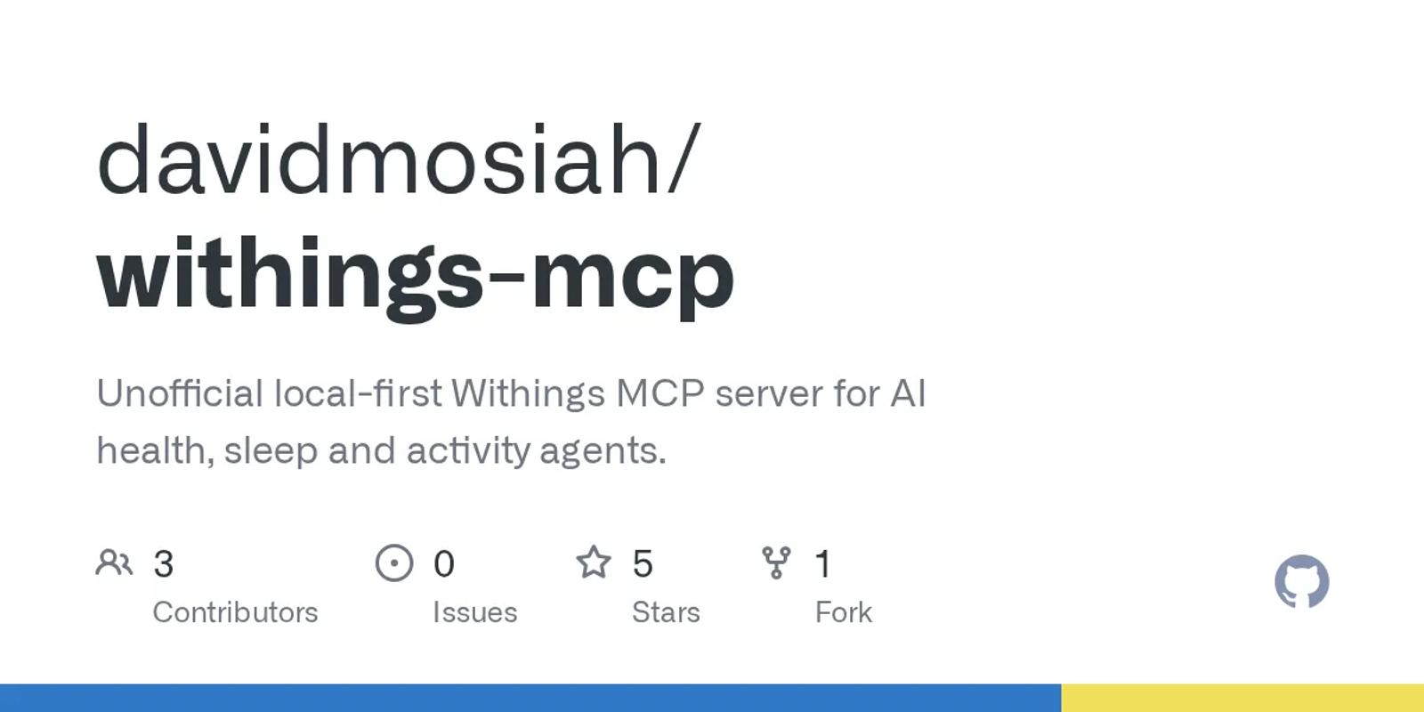 The GitHub card for davidmosiah/withings-mcp.