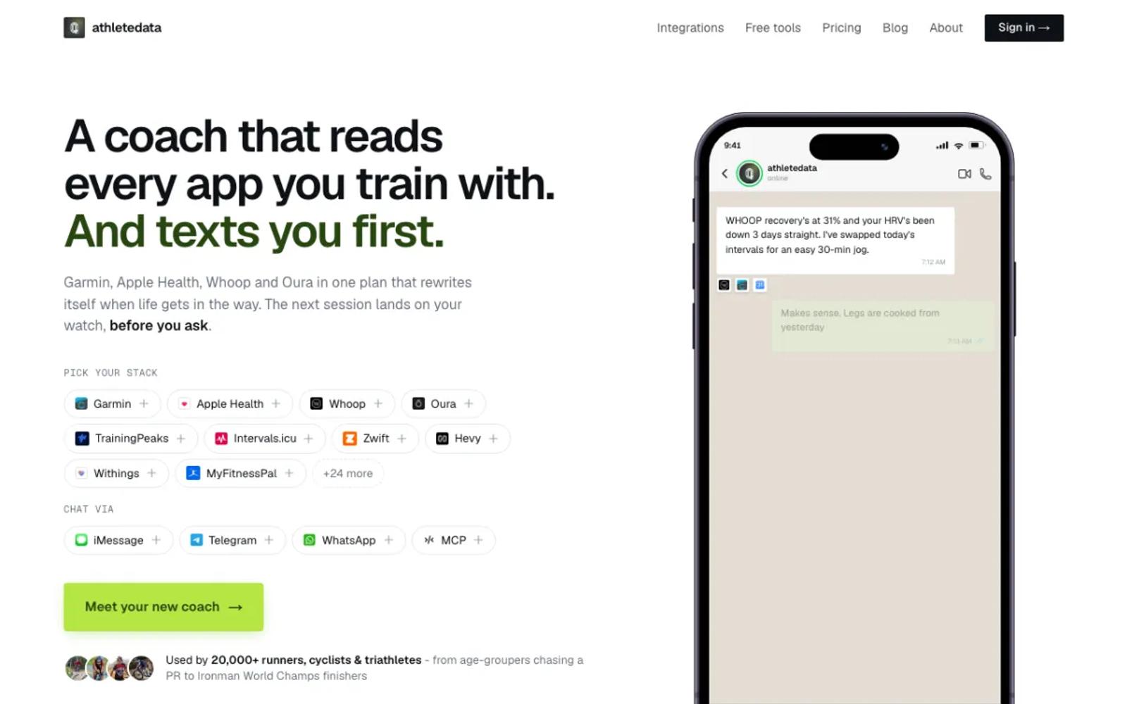 The AthleteData home page, an AI coach that reads your training apps.