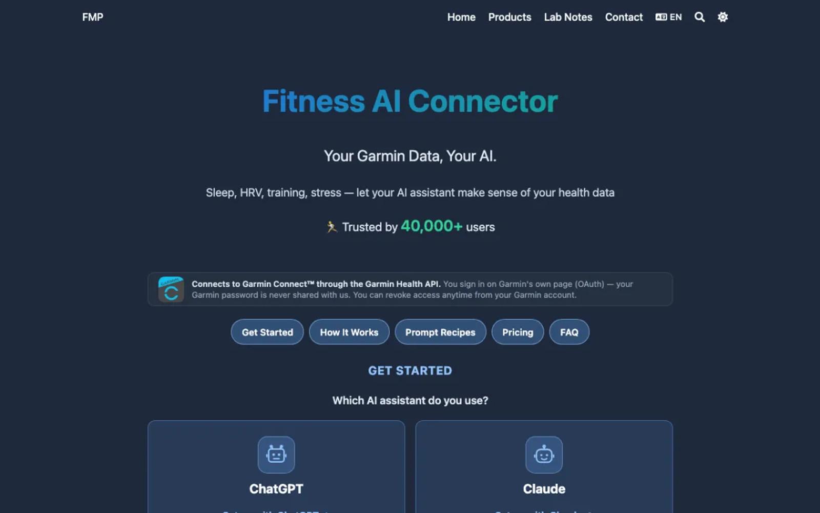 The Fitness AI Connector page, a hosted Garmin connector for ChatGPT and Claude.