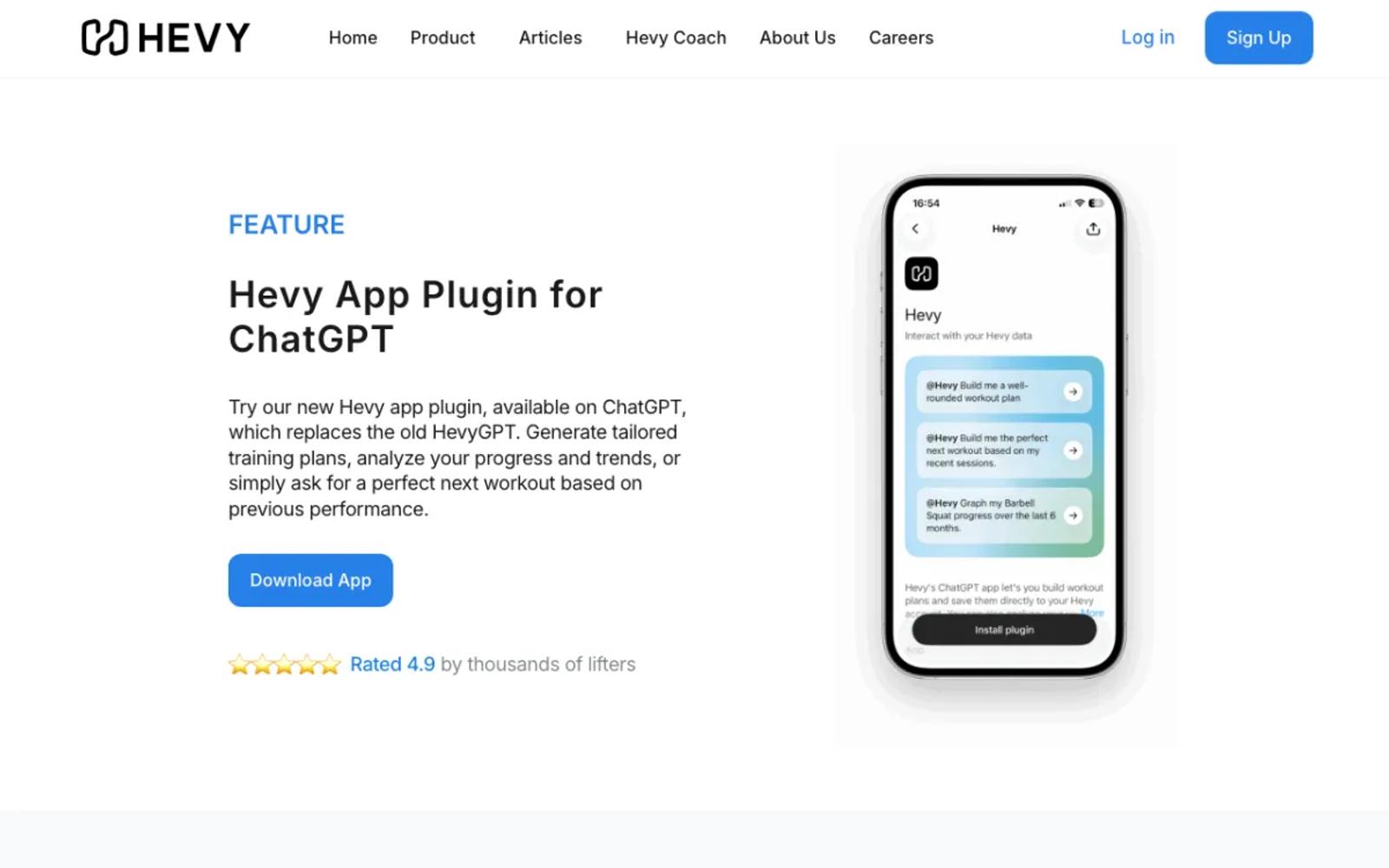 The Hevy page about its ChatGPT app.