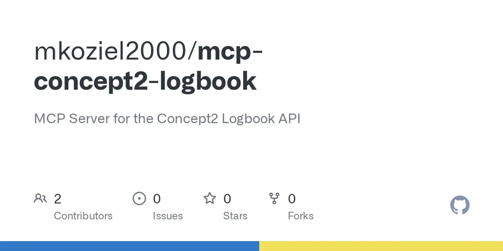 The GitHub card for mkoziel2000/mcp-concept2-logbook.