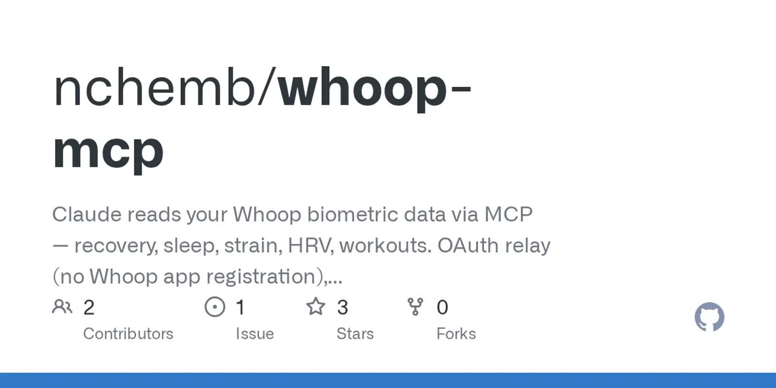 The GitHub card for nchemb/whoop-mcp.