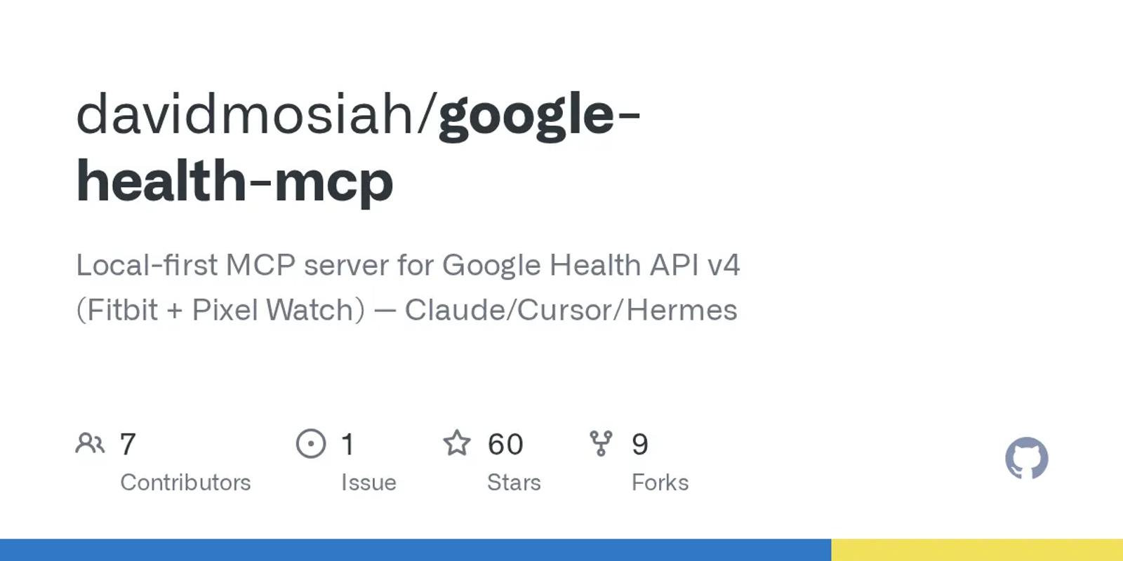 The GitHub card for davidmosiah/google-health-mcp.