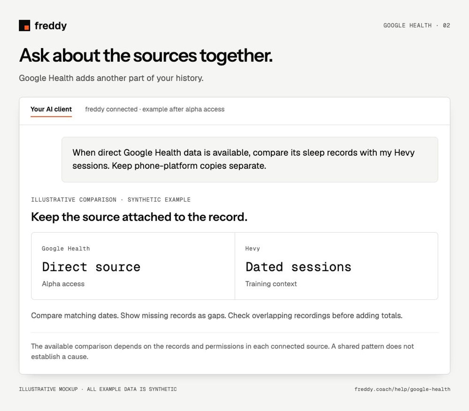 Illustrative Google Health comparison with another source; synthetic example.