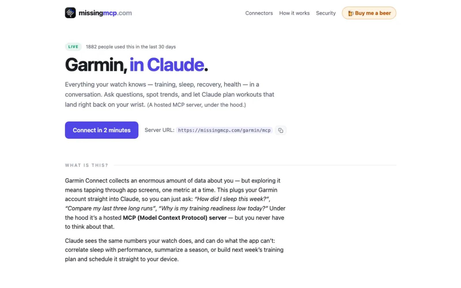 The MissingMCP page for its hosted Garmin gateway.