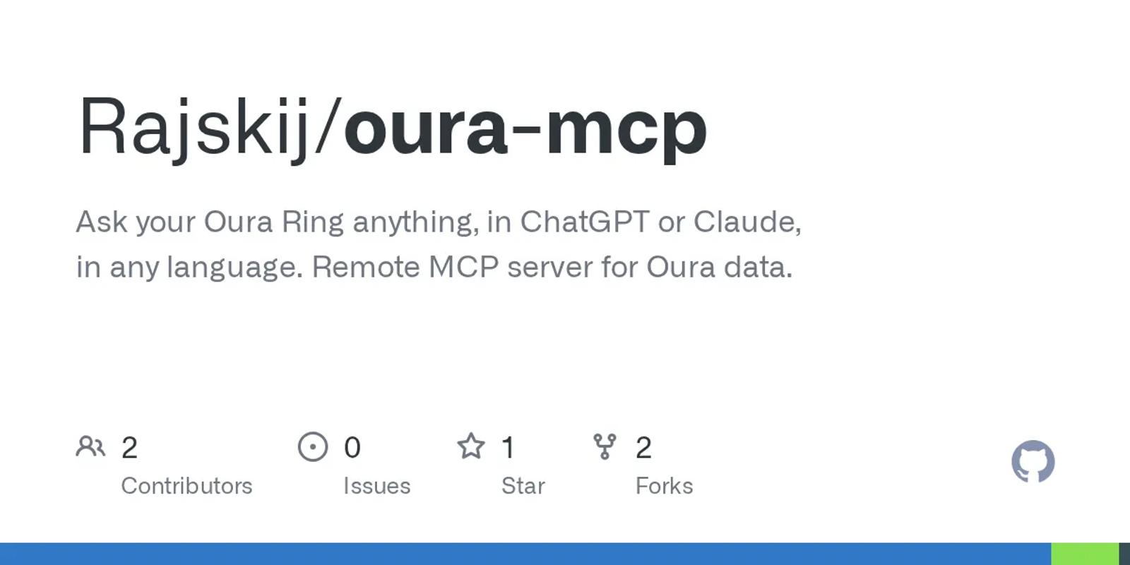The GitHub card for Rajskij/oura-mcp.