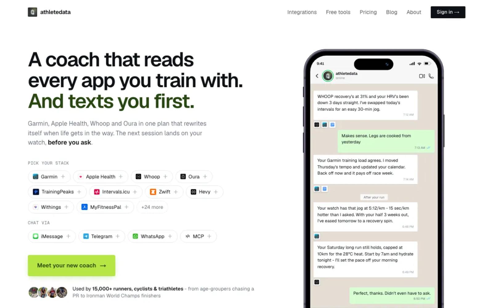 The AthleteData home page, an AI coach that reads your training apps.