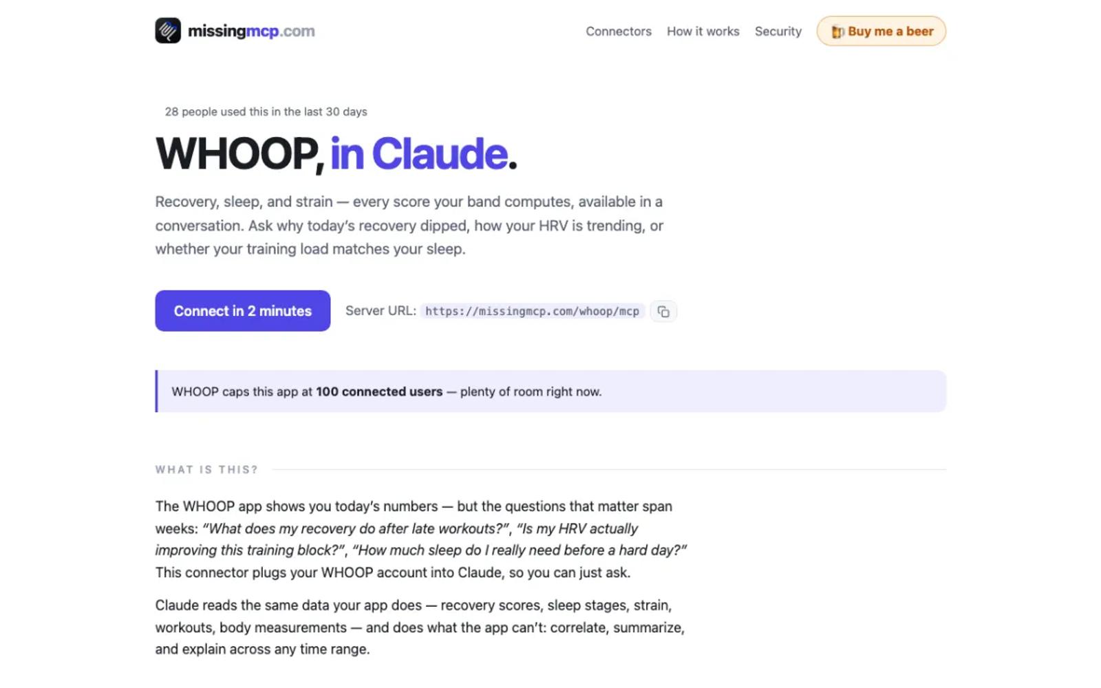 The MissingMCP page for its hosted WHOOP gateway.