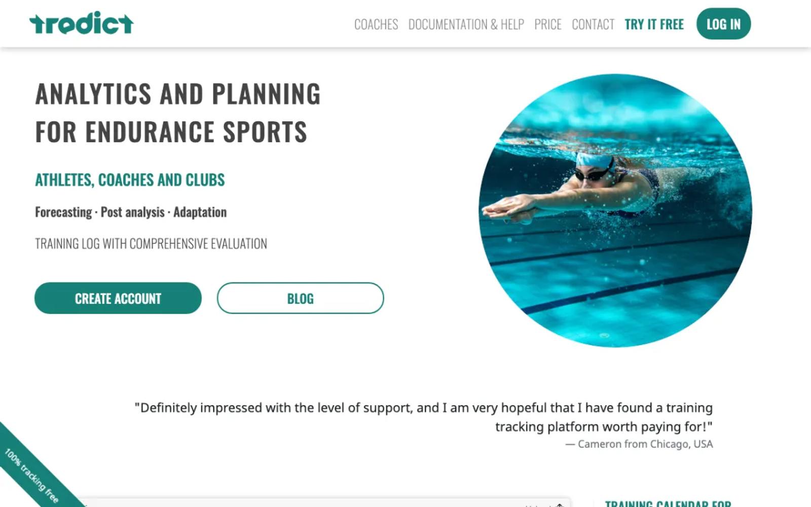 The Tredict home page, a training platform for endurance athletes.