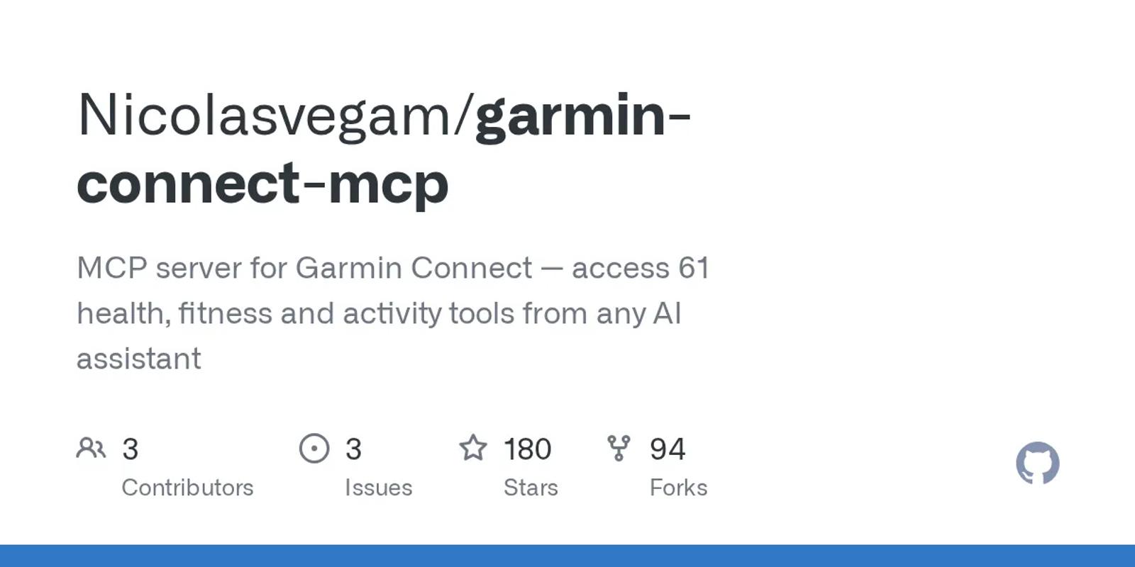 The GitHub card for Nicolasvegam/garmin-connect-mcp.