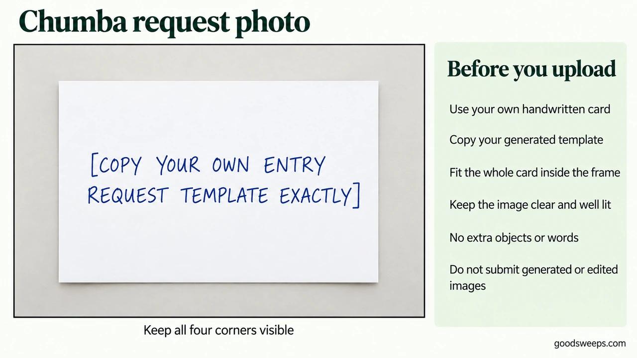 Photo framing example with the entire handwritten Chumba request card inside the frame and all four corners visible.