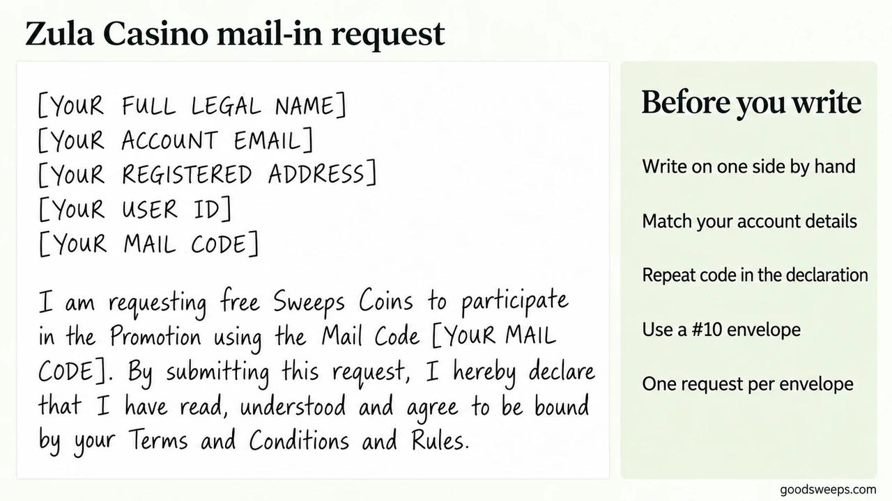 Zula Casino mail-in request layout showing the handwritten request and writing instructions.