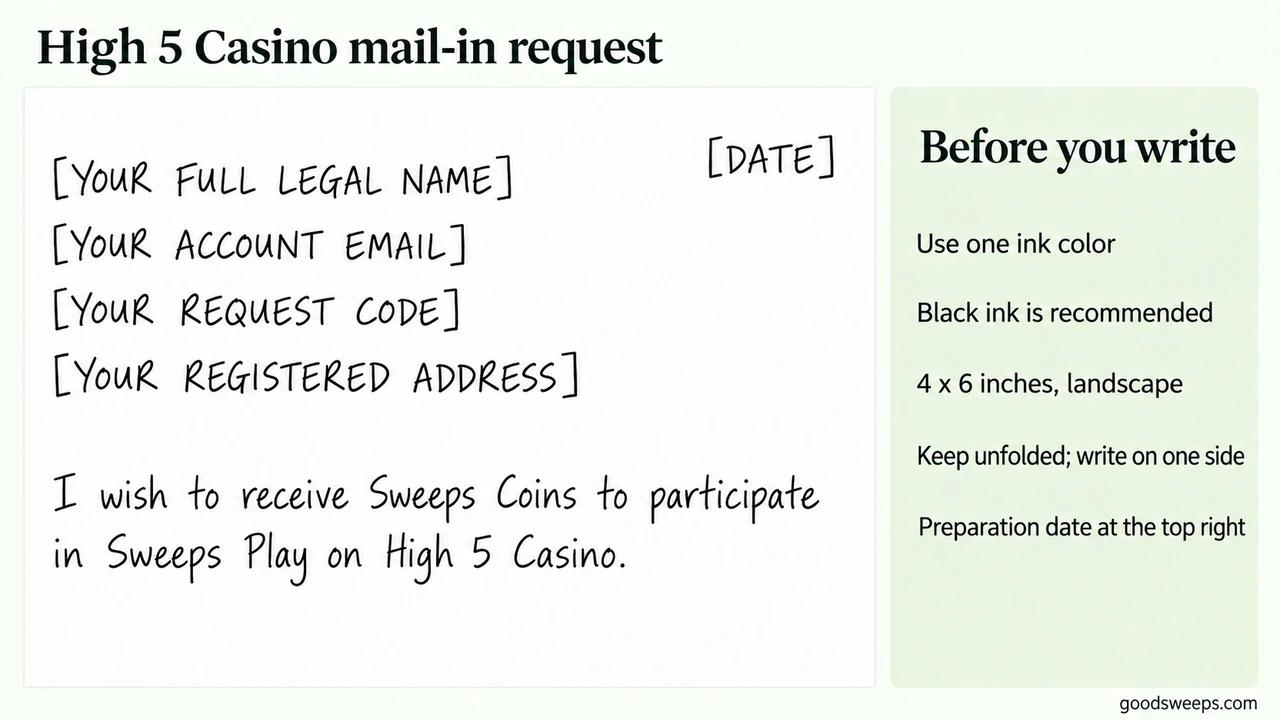 High 5 Casino mail-in request layout showing the handwritten request and writing instructions.