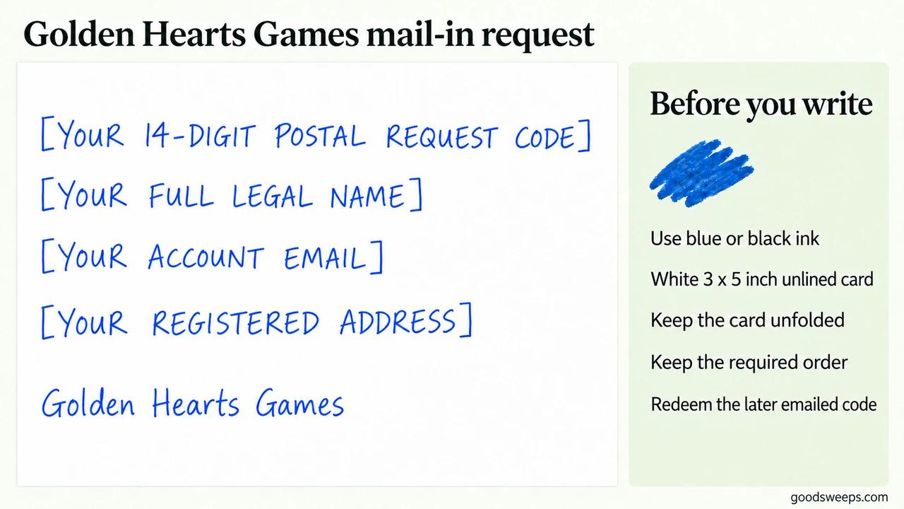 Golden Hearts Games request card showing the postal request code and account details in the required order.