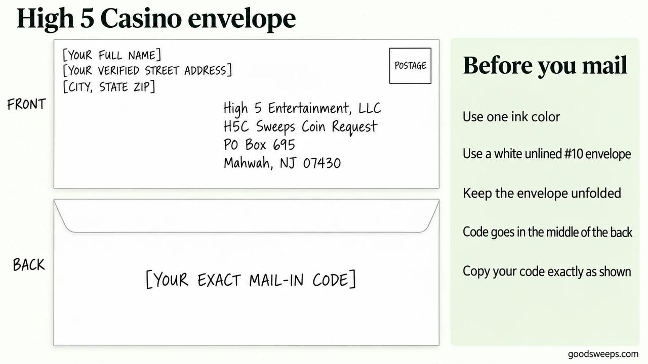 High 5 Casino envelope front and back, with the request code in the middle of the back.