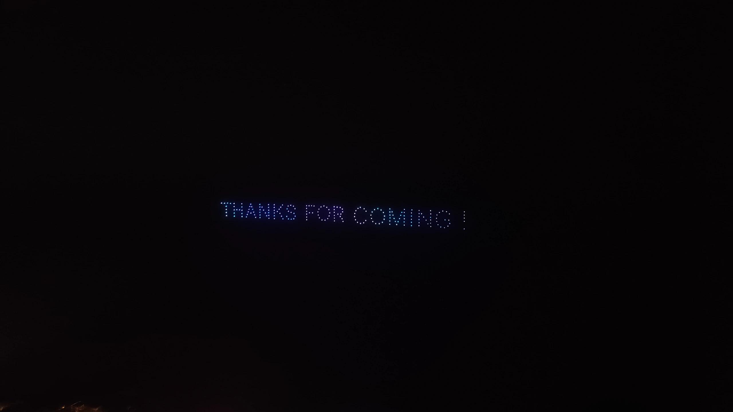 A thank-you message to guests in the Christina and Andrew wedding drone show in Uluwatu, Bali.