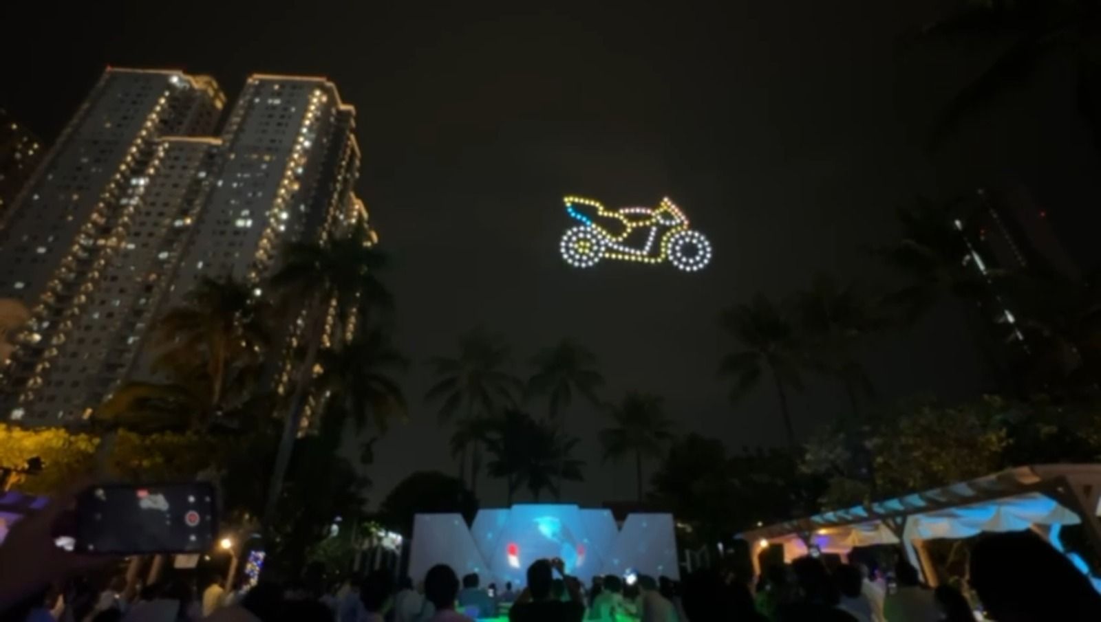 150 drones display a colourful sport motorcycle formation at night over Shangrila Hotel Jakarta celebrating Pertamina Lubricant distributors at NDS 2026