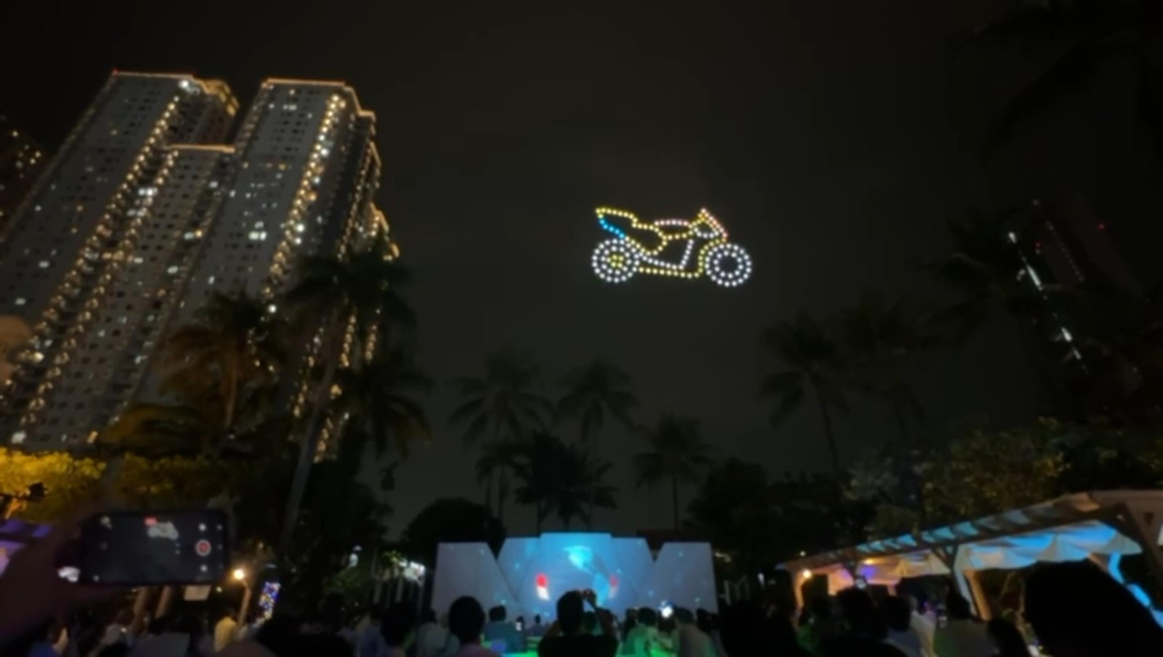 150 drones display a colourful sport motorcycle formation at night over Shangrila Hotel Jakarta celebrating Pertamina Lubricant distributors at NDS 2026