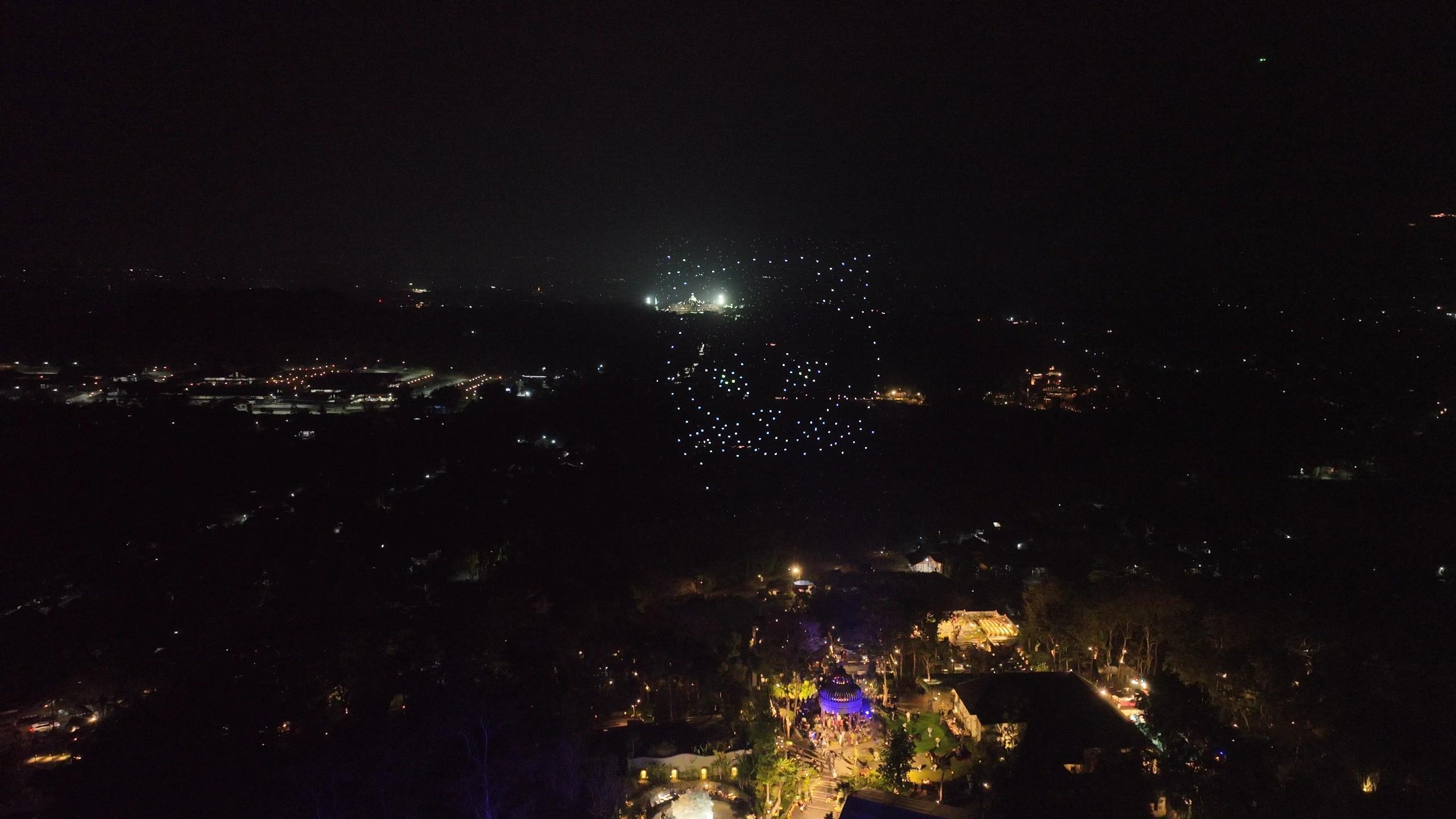 Wajah kucing keempat dalam cahaya drone putih dengan aksen mata, dilihat dari udara.
