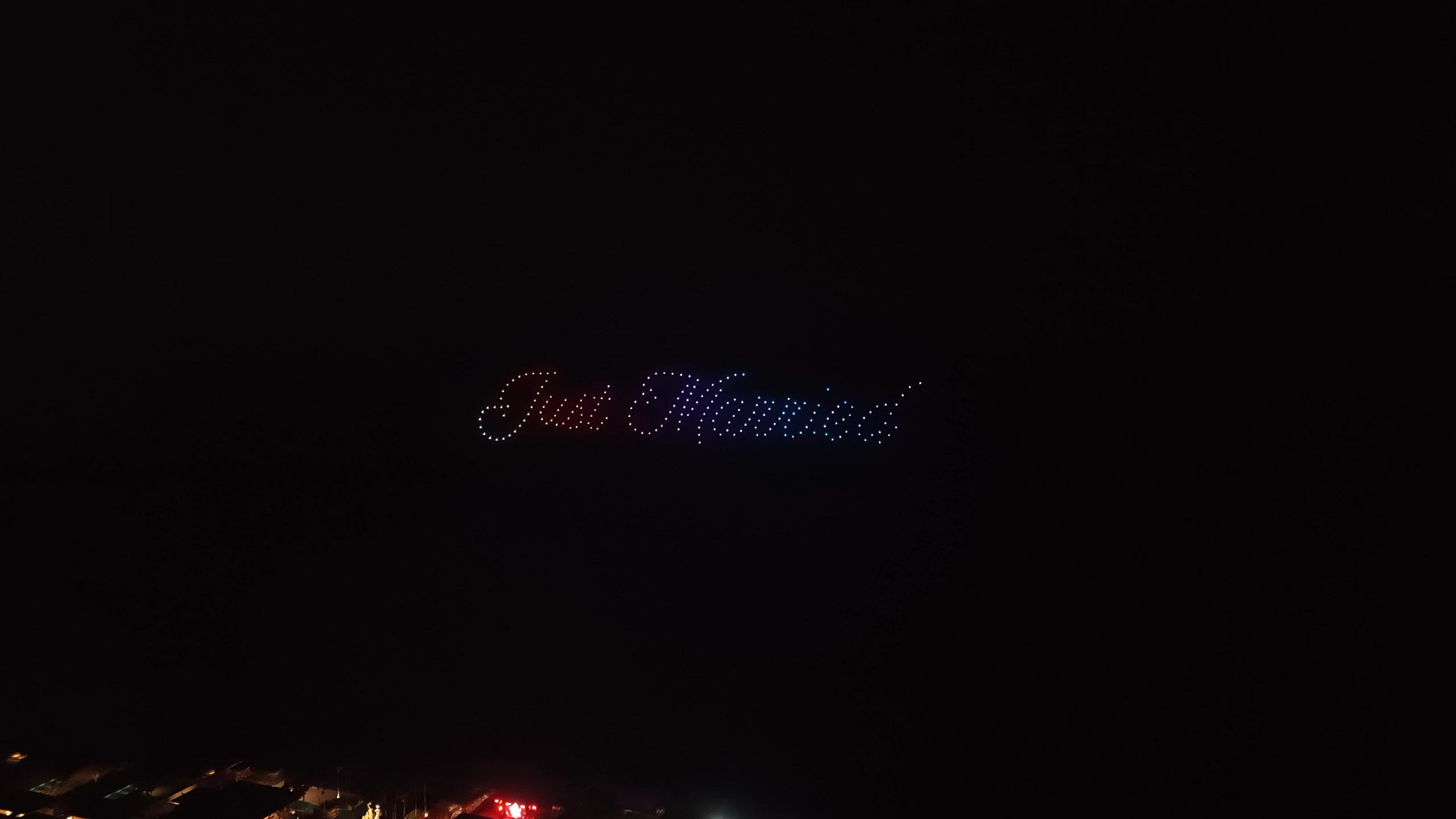Just Married lettering formed by drones for Christina and Andrew at Alila Villas Uluwatu, Bali.