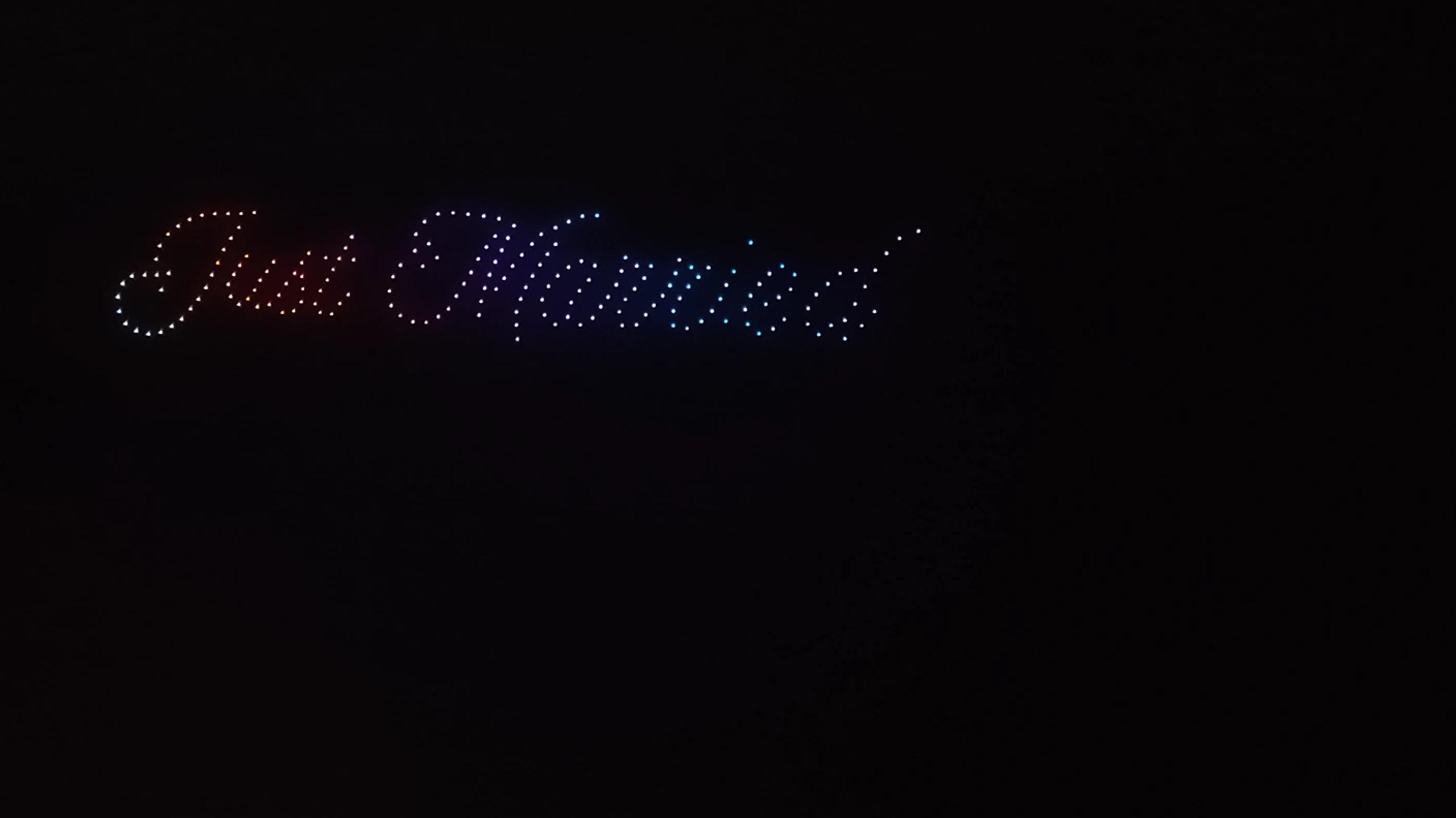 Just Married lettering formed by drones for Christina and Andrew at Alila Villas Uluwatu, Bali.