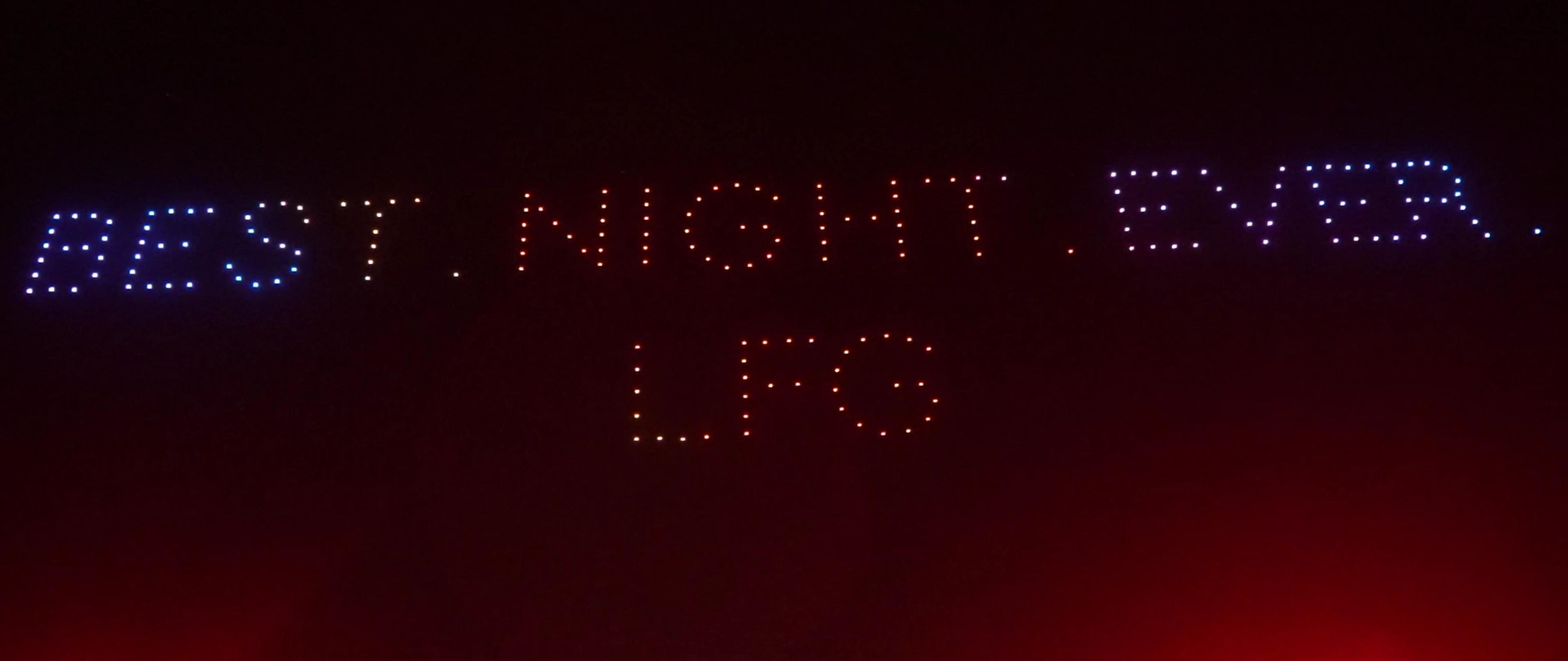 Best Night Ever and LFG written in drone lights at the Christina and Andrew wedding in Bali.