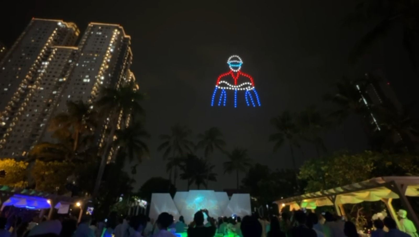 150 drones form a helmeted mascot figure in red, white, and blue colors representing Indonesia at Pertamina Lubricant National Distributor Summit 2026 Jakarta
