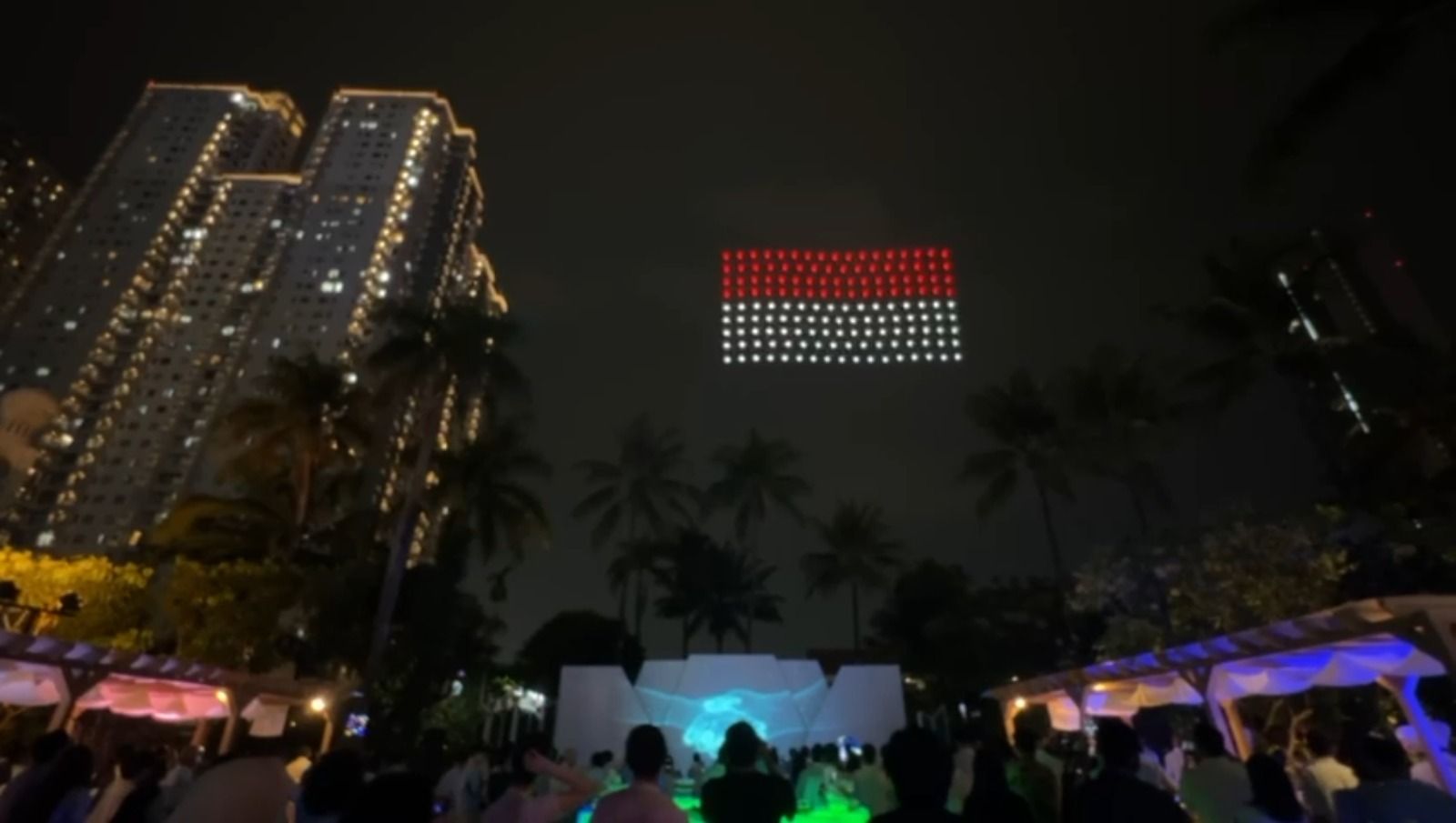 150 drones form the Indonesian national flag Merah Putih in red and white rectangle formation in the night sky over Jakarta for Pertamina Lubricant NDS 2026