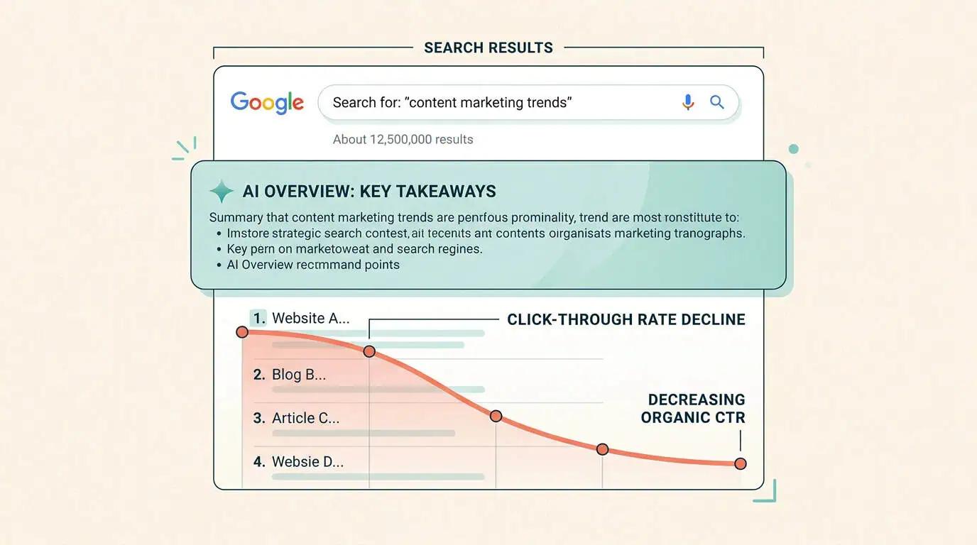 a graphic showing the trend of ai overviews and click through changes in search