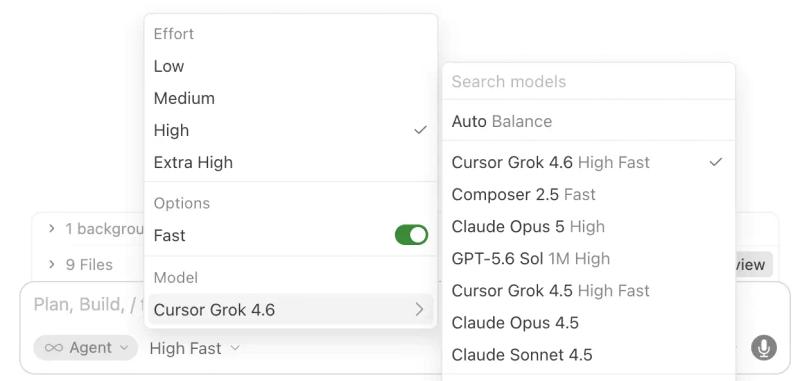 Cursor AI model picker listing Auto, Composer and Claude options with speed and intelligence ratings