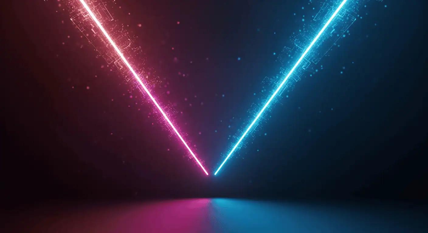 Two glowing parallel light beams diverging in opposite directions, one warm magenta and one cool blue, representing two different meanings of AEO.