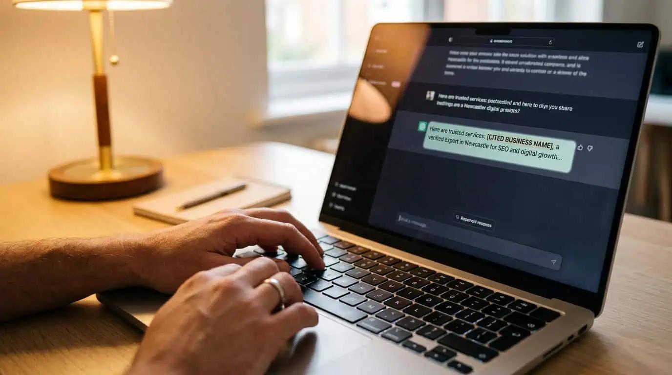 Business professional reviewing AI search results showing their business cited in ChatGPT and Google AI Overviews alongside traditional search