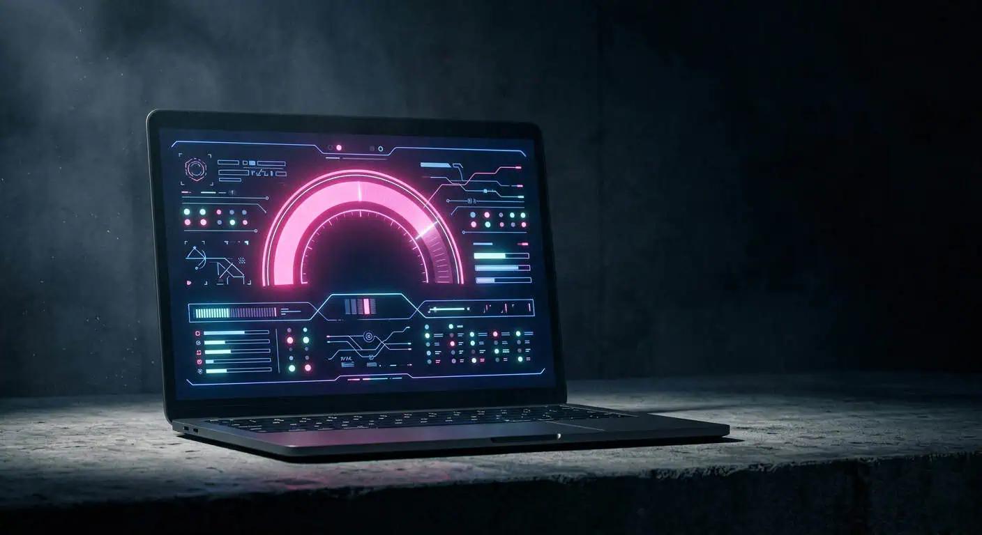 Laptop screen showing a glowing magenta agent-readiness score gauge against a dark moody background.