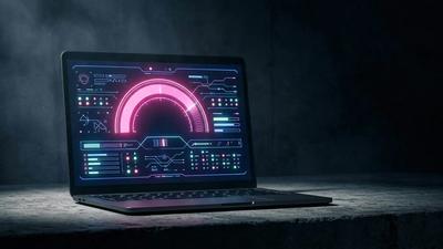Laptop screen showing a glowing magenta agent-readiness score gauge against a dark moody background.