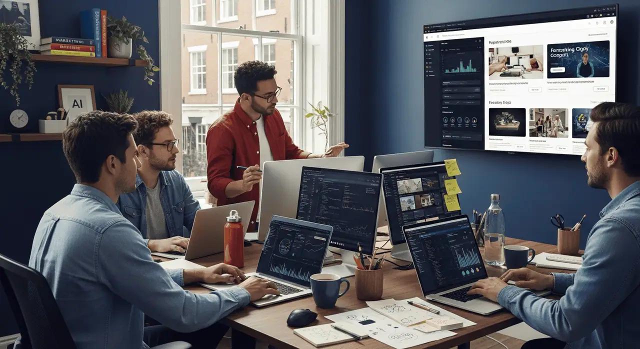 Small marketing agency team working with AI tools in a modern office