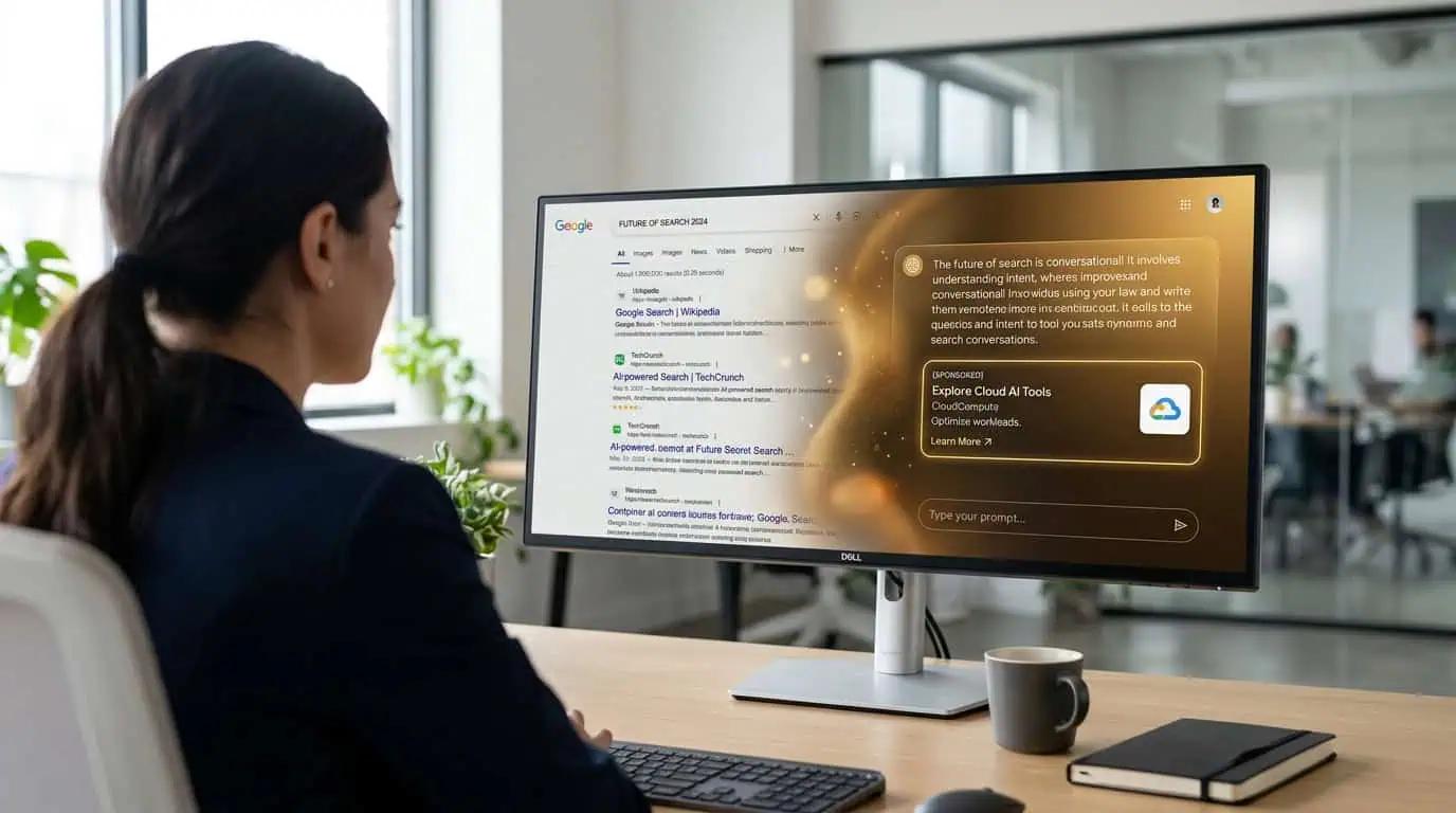 Business professional viewing a monitor showing Google Search transitioning from traditional blue link results to an AI-powered conversational interface with integrated ad placements