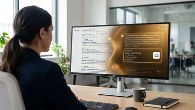 Business professional viewing a monitor showing Google Search transitioning from traditional blue link results to an AI-powered conversational interface with integrated ad placements