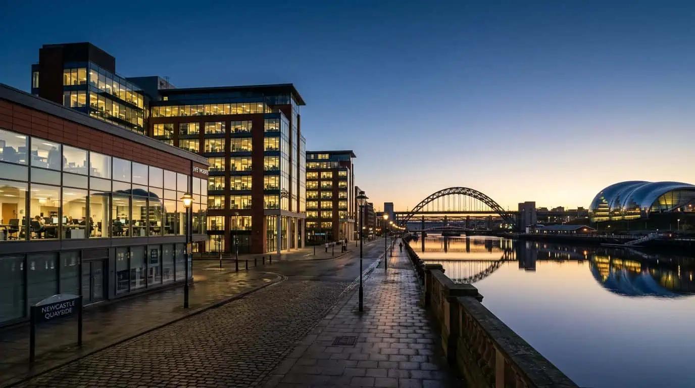 Newcastle upon Tyne Quayside at dawn with the Tyne Bridge and modern office buildings reflected in the river